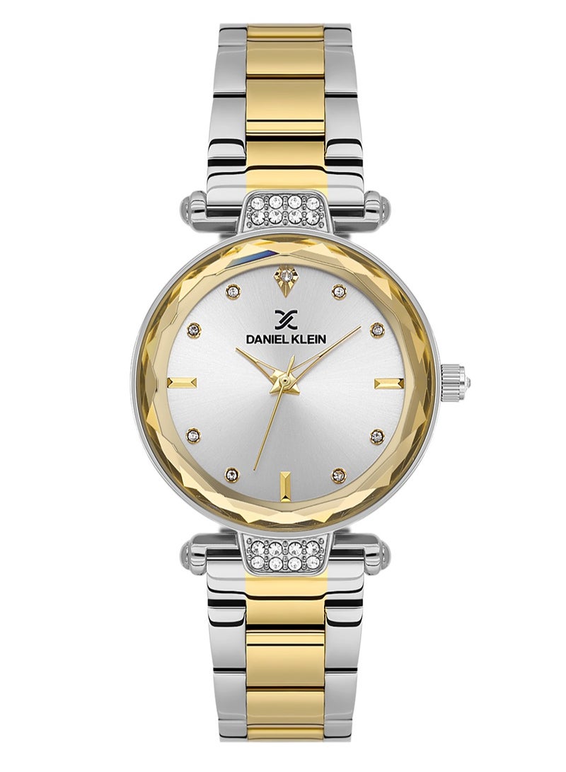 دانيل كلاين ساعة نسائية ستانلس ستيل | هيكل من سبيكة فضي ذهبي | تناظري | قرص دائري فضي بنقشة مشع | حركة كوارتز يابانية | فاخرة | مقاومة للماء حتى عمق 30 مترًا - Image 1